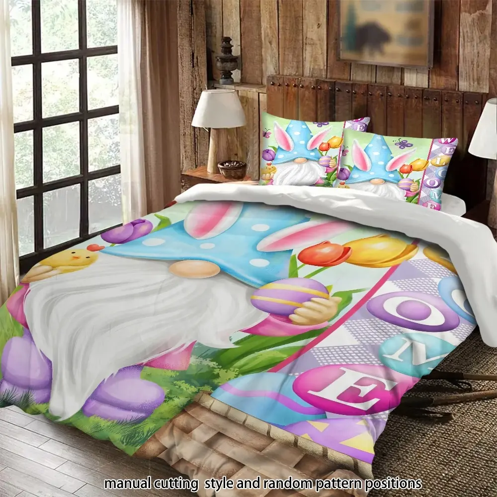 Blue-hatted, white-bearded elf holding an egg and chick 3-piece bedding set, suitable as a gift.
