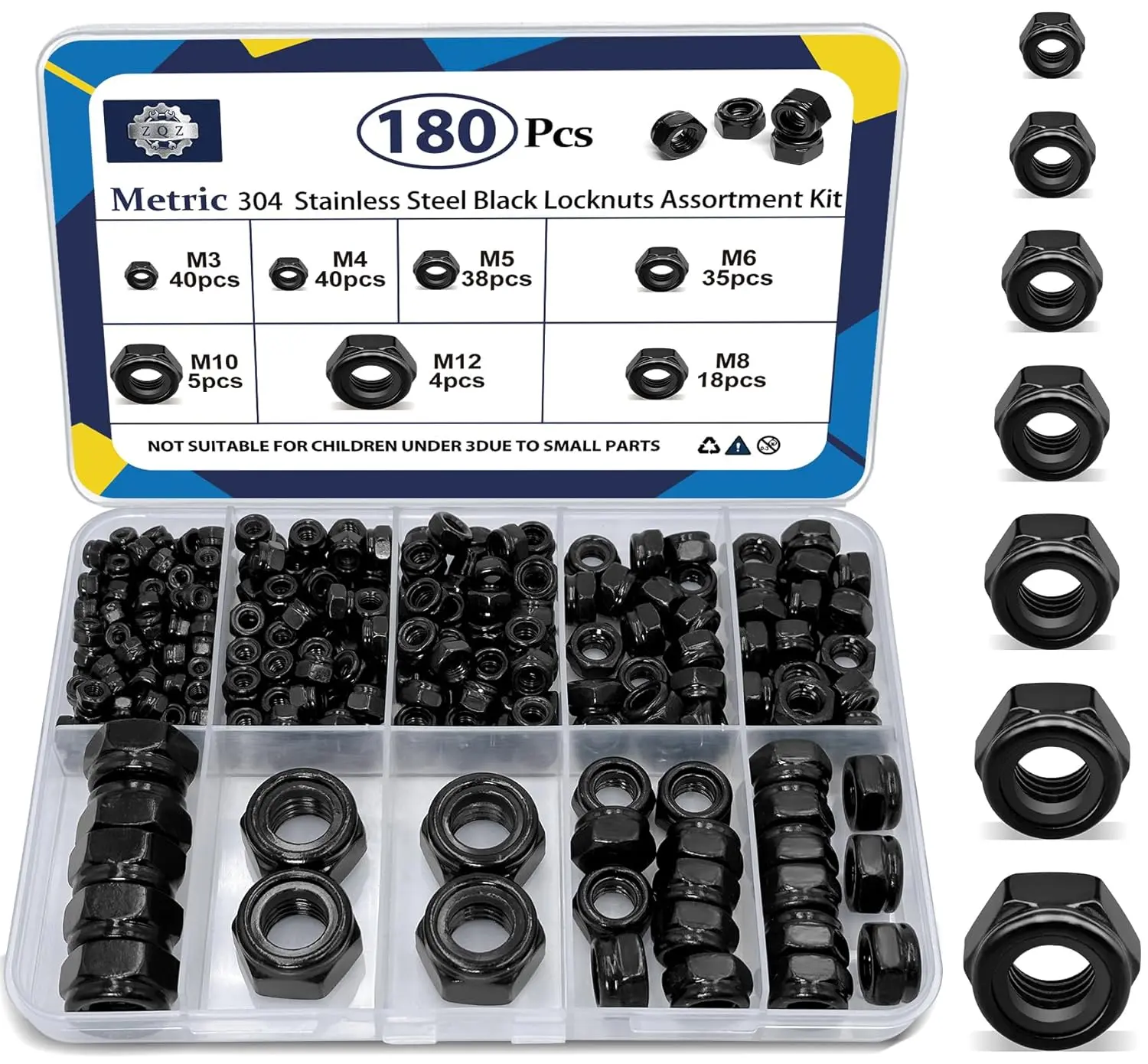 ZQZ 180-Pack Metric Nylock Lock Nuts Assortment, M3 M4 M5 M6 M8 M10 M12 Black Nylon Insert Lock Nuts, 304 Stainless Steel