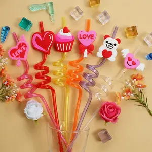 6pcs Heart Theme Transparent Spiral Straws, Reusable Plastic Drink Straws, Food Grade Pet Material, Perfect for Ice Coffee, Smoothies, Party Gifts