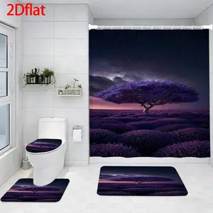 4-Piece Bathroom Sets Full Set Lavender Tree Night Sky Pattern Four-Piece Curtain Set Elegant Decor Shower Bath funny Accessories U-Shaped floor Seat Cover Cushion Toilet Lid Rug Carpet Non-Slip  Shape Mat Gifts Style toilet waterproof