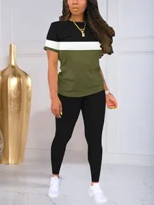 Women's summer round neck short-sleeved trousers suit for leisure sports at home, classic splicing color matching summer basic style