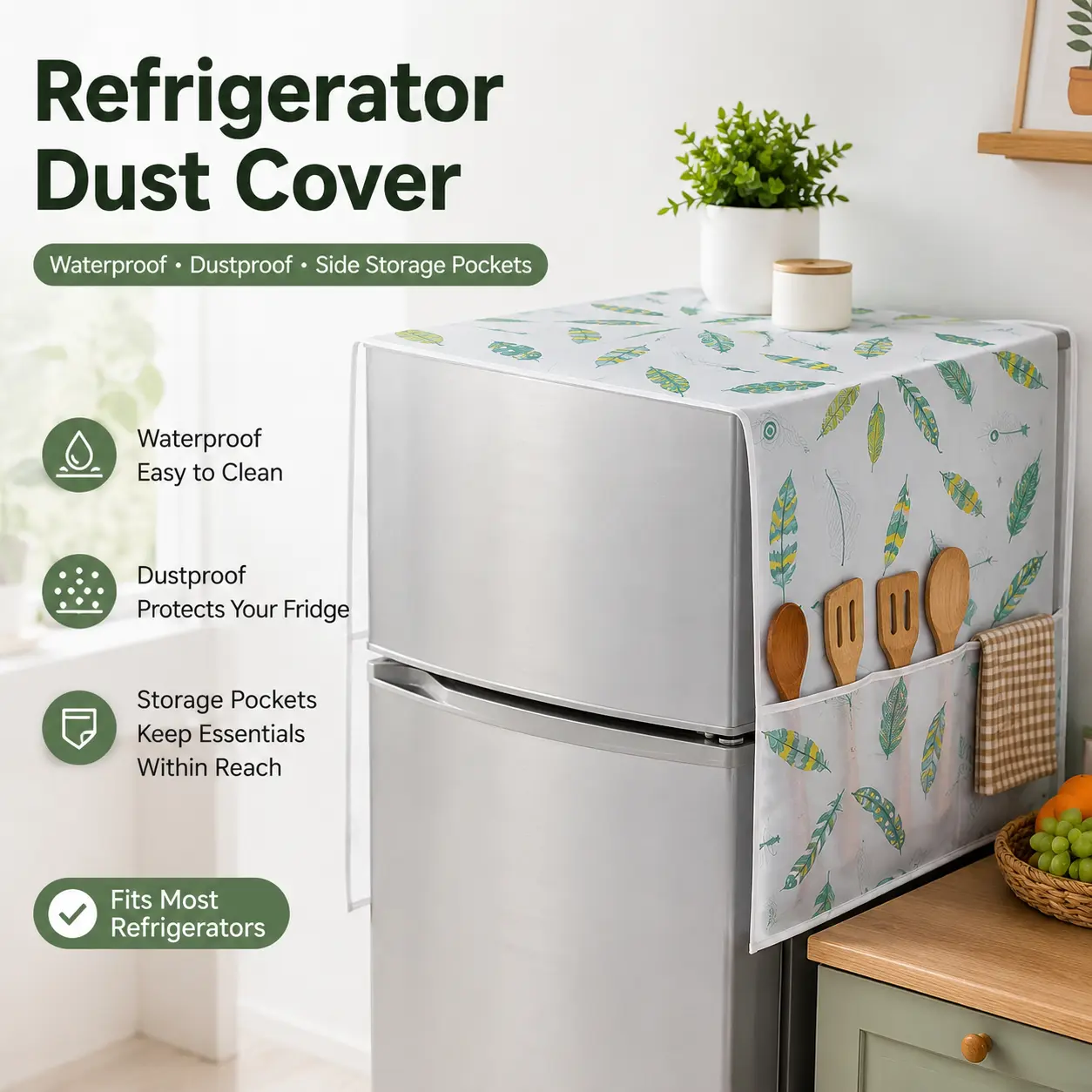 Waterproof Refrigerator Dust Cover with Side Storage Pockets, PEVA Fridge Top Cover, Dustproof Kitchen Organizer for Single & Double Door Refrigerators