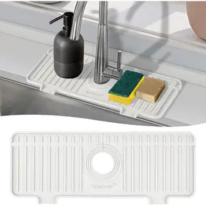 Kitchen Sink Splash Guard, Silicone Faucet Guard & Draining Mat, Bathroom and Kitchen Sink Organizer, Sink Faucet Mat Water Splash Guard Behind Faucet Accessories Gadgets, 14.2" x 5.1", White