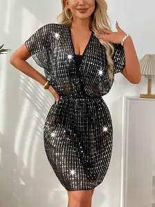 Women's Glitter Sequins V Neck Cover Up Dress, Casual Cover Up Dress for Beach Holiday Vacation, Ladies Clothes for All Seasons
