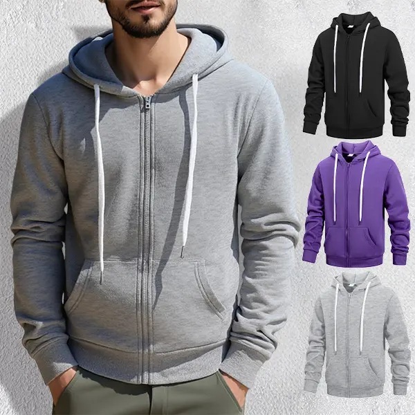 Unisex Classic Plain Zip-Up Hoodie - Soft Knit Fabric, Loose Baggy Drop-Shoulder Fit, Kangaroo Pocket, Ribbed Casual Menswear Top