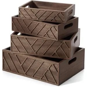 AceOrbit 4-piece wooden set box kitchen countertop basket 4-size decorative farmhouse wooden storage box with handle display for fruit and vegetables kitchen cabinet bathroom (brown)