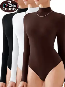 1/3 Counts High Neck Long Sleeve Thermal Loungewear Jumpsuit, Slimmer Bodysuit, High Compression Bodysuits, Tummy Control Tops, Y2K Womenswear, Wearing Casual Clothes Outside, Cute Tee, Suitable For Fall & Winter Wear