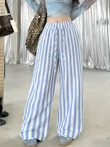 Relaxed Fit Striped Wide-Leg Pants for Women, Blue and Vintage Style, Comfortable Lightweight Loose Adjustable Drawstring Waist, Perfect for Spring and Summer Casual Wear