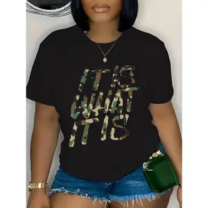 Women's geometric camouflage print t-shirt for plus size women Graphic T-Shirt - 100% Cotton Black Short Sleeve Crew Neck Regular Fit Casual Wear | Soft & Breathable Fabric, Durable Print, Everyday Comfort, Machine Washable, casual, trendy, urban indoor,