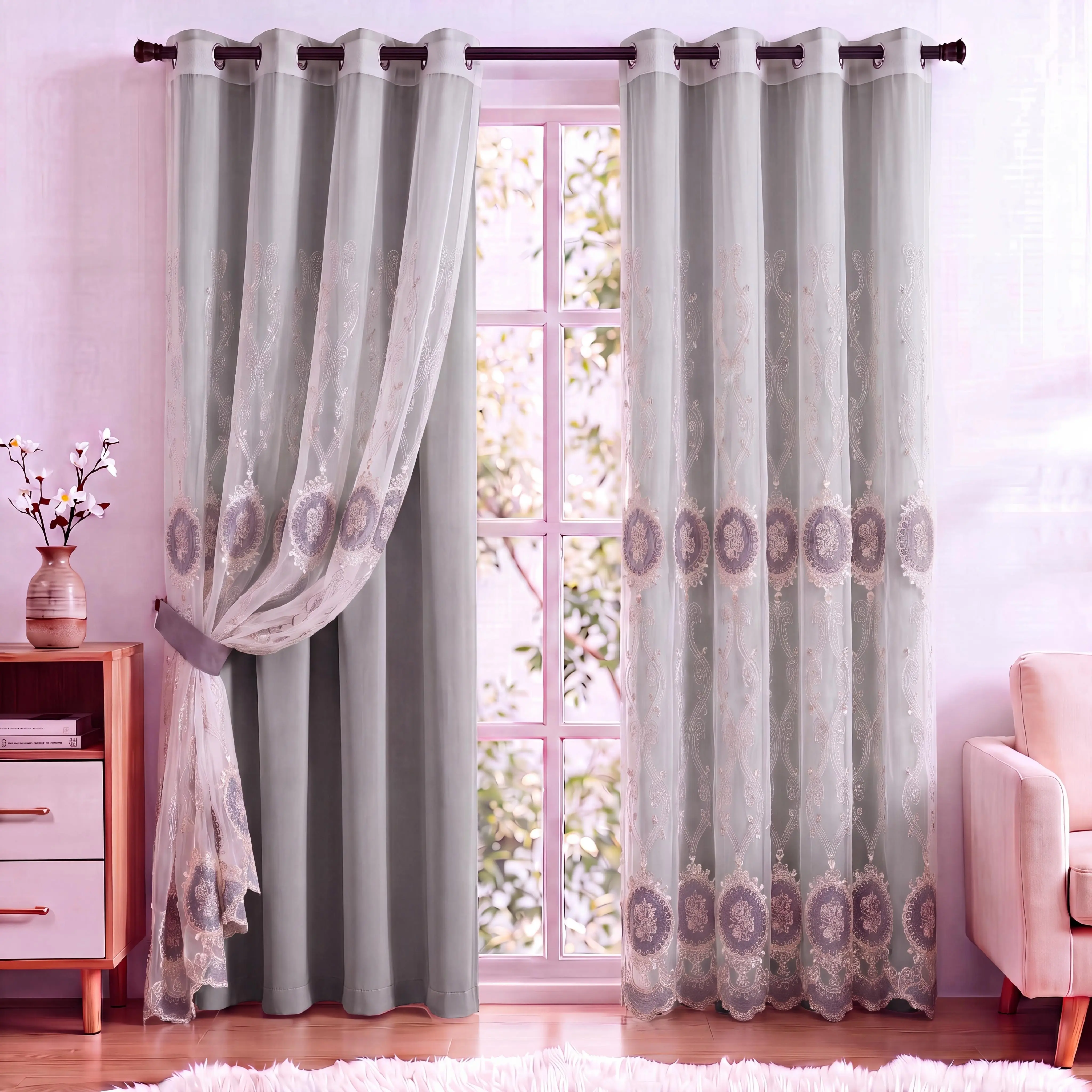 4 Panels Combination Grommets Curtains Including : 2 Panels 52x84 inch Solid Blackout Curtains & 2 Panels 52x90 inch Luxuary Embroidery Curtains QF222 QF78 noise reduction inganchos cortinas decorative home
