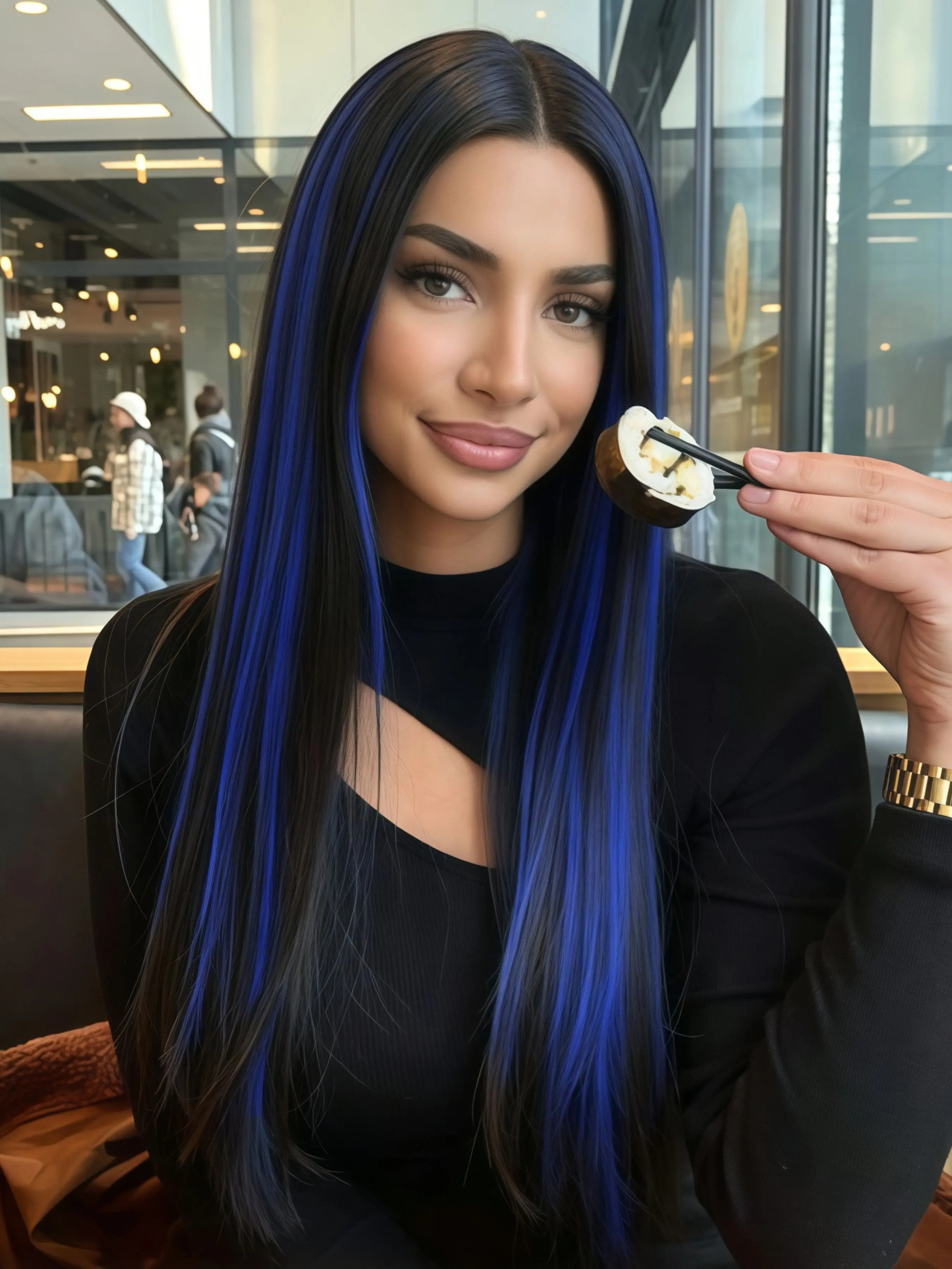 Black & Blue Highlights 13x4 HD Transparent Lace Front Wig, Pre-Plucked Hairline Heat Resistant Synthetic Straight Hair Wig for Party Music Festival Cosplay 28 Inch High Quality Wigs