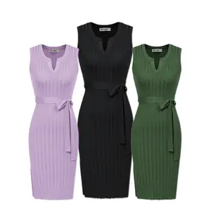 GRACE KARIN Women's Sleeveless Knitted Dress with Round Neck and Belt