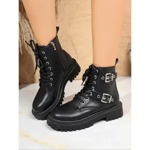 Women's Lace-Up Thick Sole Combat Boots, Metal Buckle Side Zipper, Punk Style Fashion Boots for Trendy(Sheet)