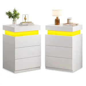 2PCS Nightstand with LED Lights Charging Station White