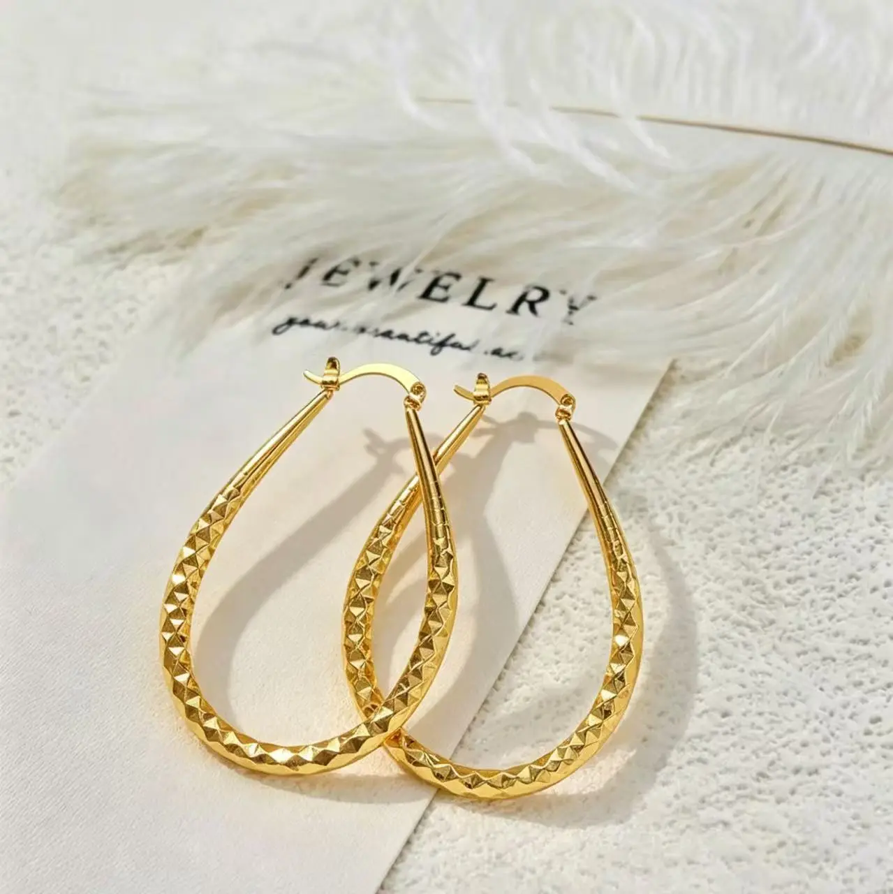 DIROMON 14K Gold Plated 925 Sterling Silver Post Oval Hoop Earrings,Hypoallergenic Diamond-Cut Textured - Non Tarnish Large Hoop Earrings Fashion Womens Jewelry