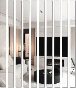 10Pcs DIY Striped Mirror Stickers 39.37 Inch Self Long Acrylic Wall Decals Mirror Removable for Home Art Wall (Silver)