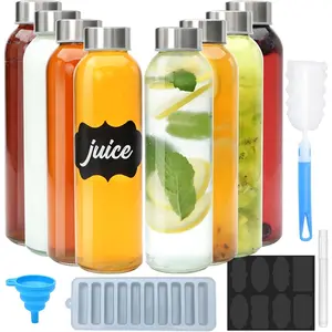 Brajttt Glass Juice Bottle with Lids,16oz Juicing Bottles Reusable, Clear Glass Water Bottles 16 oz with Stainless Steel Airtight Cap,Juice Beverage Container, Leak Proof,Set of 8