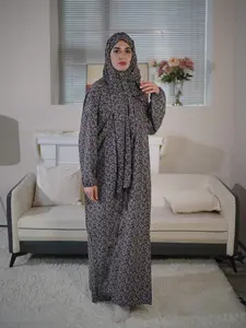 Women's Ditsy Floral Print Long Sleeve Arabian Abaya Dress with Hijab, Chic Modest Casual Zipper Long Dress for Daily Wear, Muslim Clothing Abaya Hijab Set for All Seasons