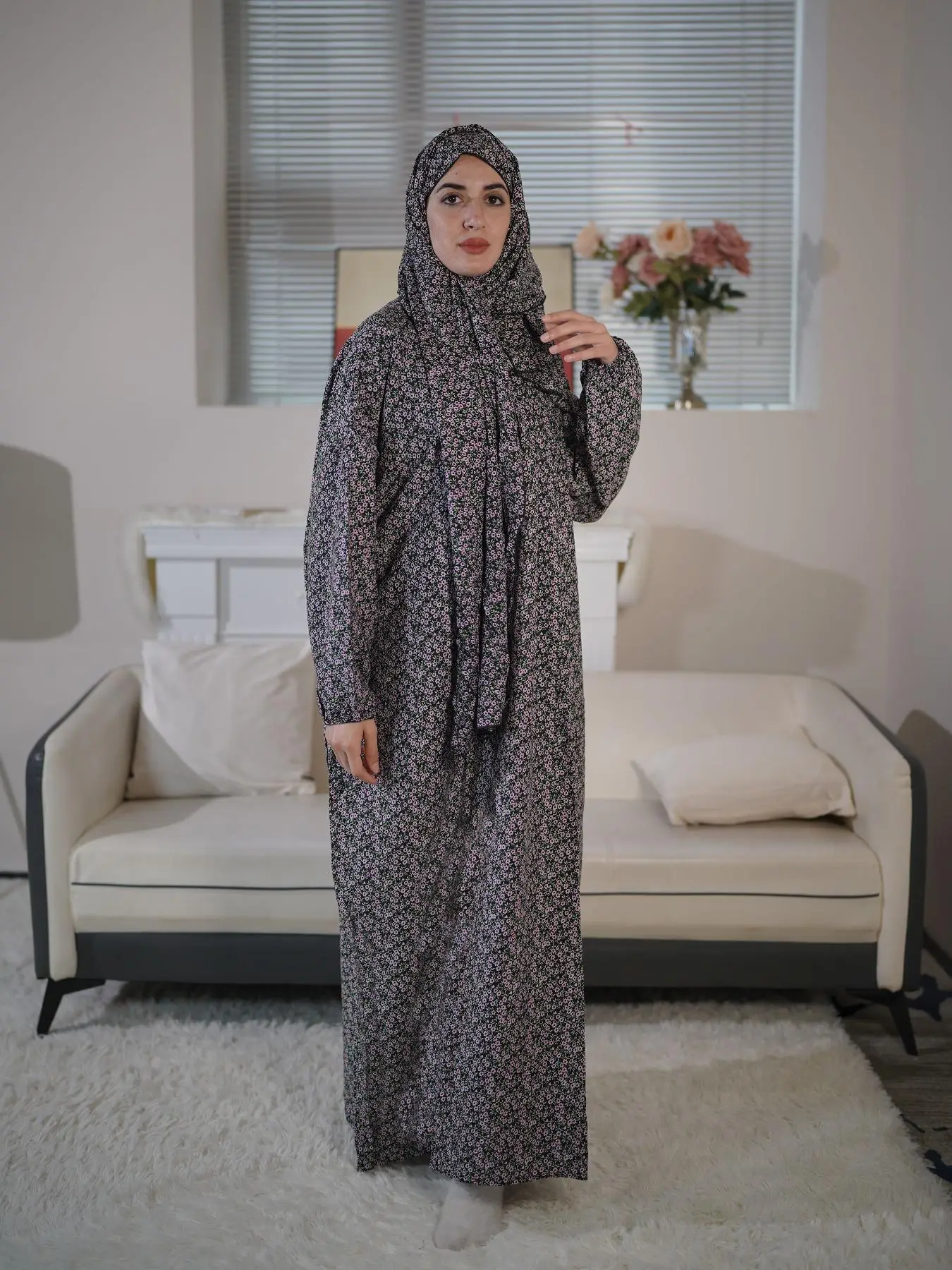 Women's Ditsy Floral Print Long Sleeve Arabian Abaya Dress with Hijab, Chic Modest Casual Zipper Long Dress for Daily Wear, Muslim Clothing for All Se