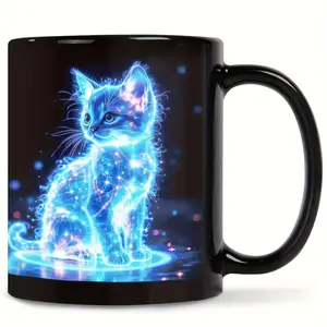 Fantasy Cat, Coffee Mug, Glowing Blue Cosmic Design, Ceramic With Glossy Finish, For Cat Lovers And Gift Givers, 11 Oz Single Piece