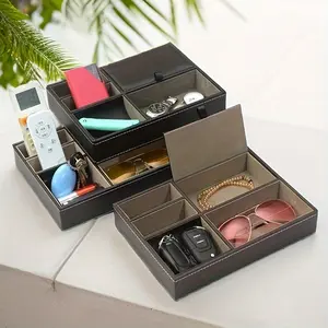 Men's Jewelry Box| Leather Valet Tray Storage Box with 5 Compartments for Accessories, Wallets, Phones, Keys - Available in Black, Brown, Silver Gray, Jewelry Trays