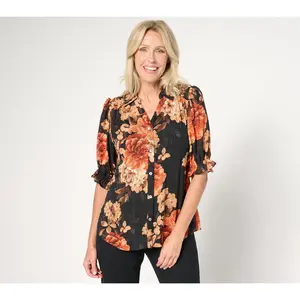 Susan Graver Printed Sheer Clip Jacquard Button Front Puff-Slv Blouse