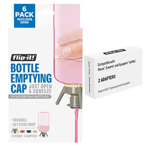 Flip It! Deluxe 6 Bottle Pack - Bottle Emptying Kit with Nivea, Eucerin & Aquaphor Compatible Adapters - 6 XL Stands plus 8 Adapters - Reusable Beauty Bottle Saver for Lotion, Shampoo & Personal Care - Beauty Essential
