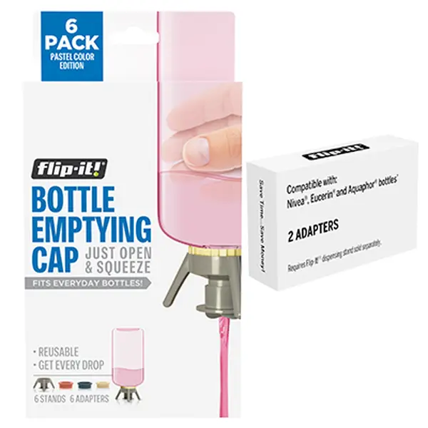 Flip It! Deluxe 6 Bottle Pack - Bottle Emptying Kit with Nivea, Eucerin & Aquaphor Compatible Adapters - 6 XL Stands plus 8 Adapters - Reusable Beauty Bottle Saver for Lotion, Shampoo & Personal Care - Beauty Essential
