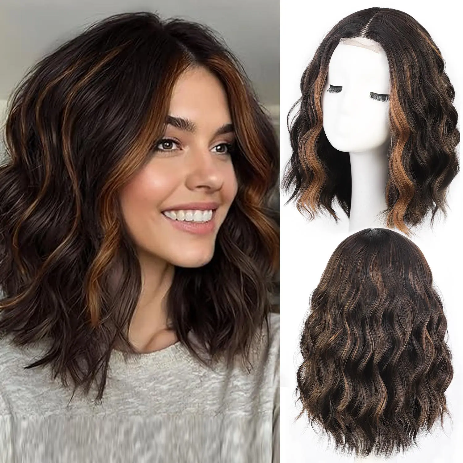 LiteVibes Black Mix Brown Highlight Short Wavy Bob Wig for Women Lace Hairline Synthetic Heat Resistant Casual Daily Hairstyle 14 Inch