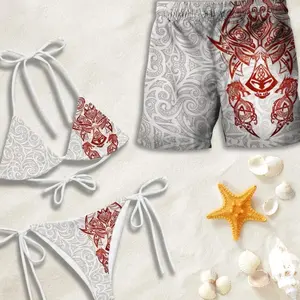 Viking Fenrir Wolf Print Bikini and Shorts Matching Set, Red Grey Dragon Swimwear HBU