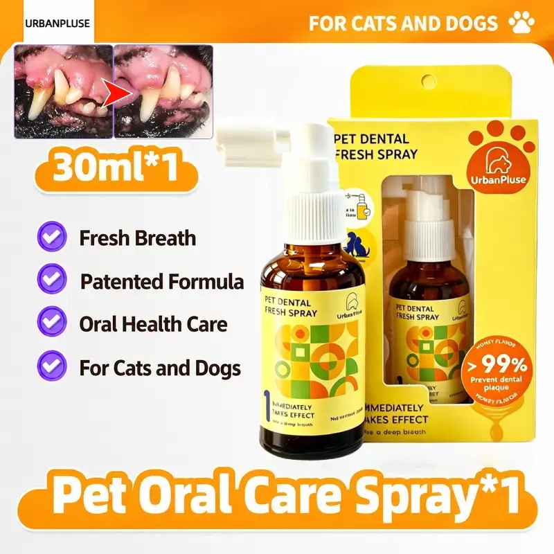 [Honey Flavor]Upgraded PET Dog Dental Care Spray, Vet-Recommended Breath Freshener & Teeth Cleaning Spray, Eliminate Bad Breath, Relieve Gum Redness & Infections, Reduce Plaque & Tartar, No Brushing For Cats And Dogs 30ML