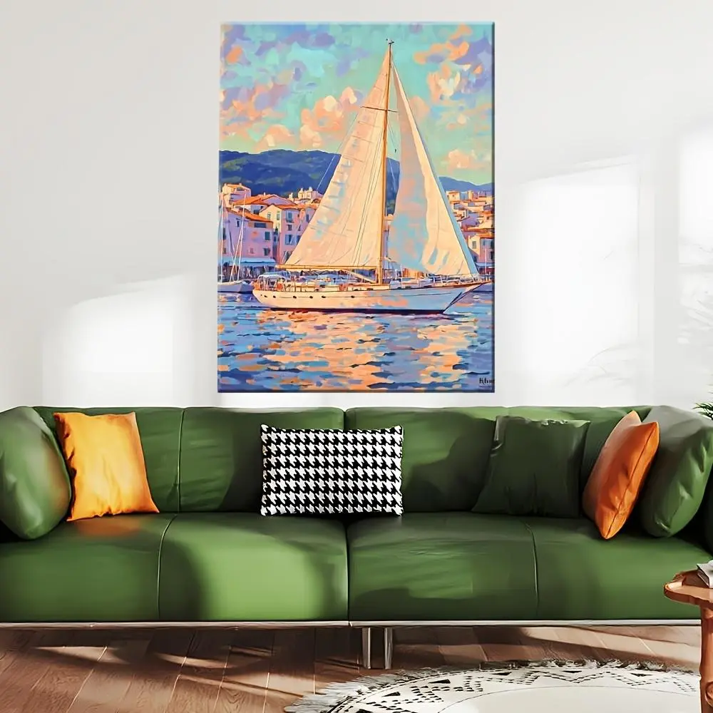 2D Flat, 1pc Wooden Framed Canvas Wall Art - Classic Sailboat with Billowing Sails Nautical Painting, Vibrant Coastal Artwork for Living Room, Bedroom, Office Decor, Wrap-Around Frame, High-Quality Canvas Print, Nautical Decor, Corridor Decoration	