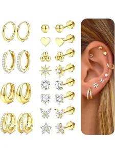 12 Pairs Flat Back Earrings for Women, Hypoallergenic Stainless Steel, Hoop Stud Earrings for Sensitive Ears, Cartilage Tragus Piercings, Fashion Earrings