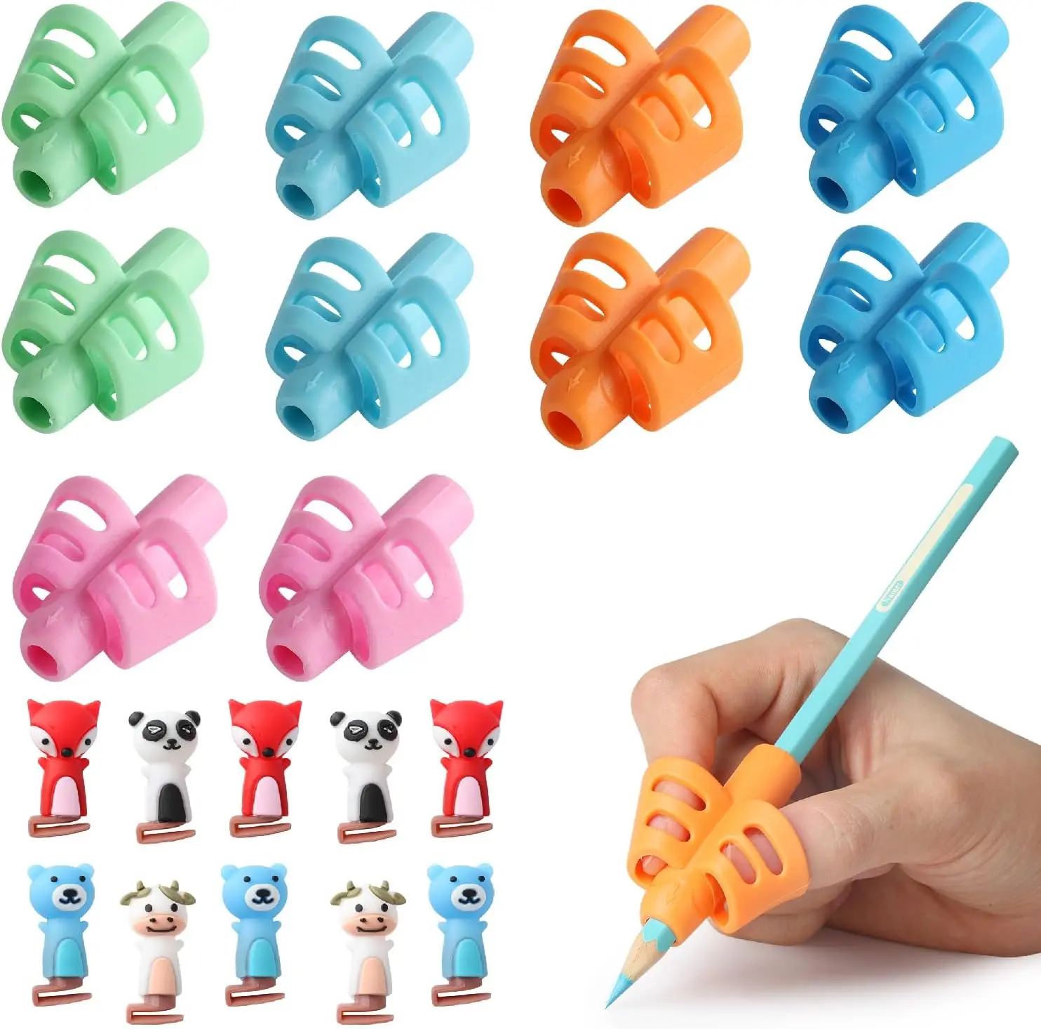 Irritation-Free Pencil Grips & Clips Set for Handwriting Improvement, 20-Count (10 Finger Grips + 10 Clips) with Pencil Holder, Fits on Crayons, Included Office Supplies for School & Office Use