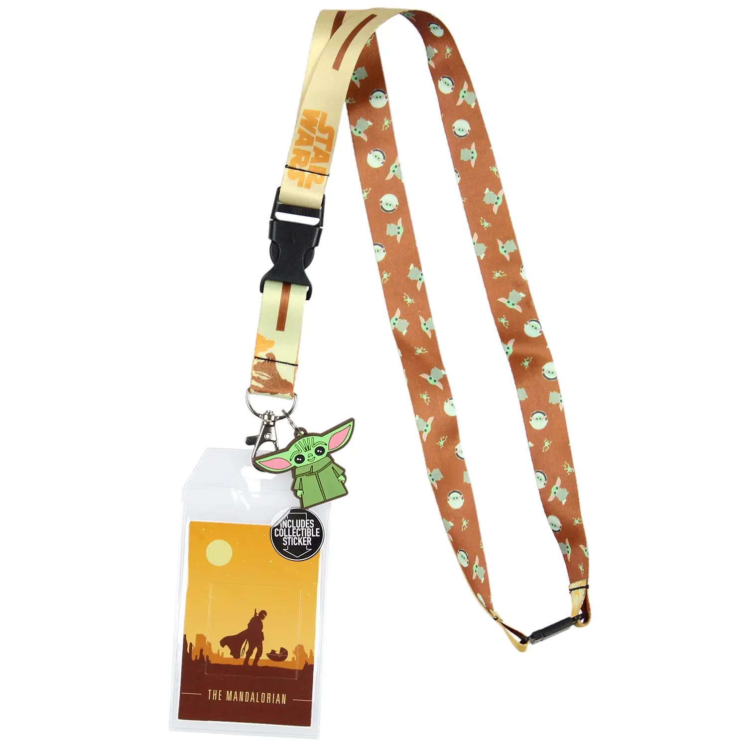 Star Wars The Mandalorian Mando and The Child at Dusk Lanyard ID Holder with Rubber Charm and Collectible Sticker