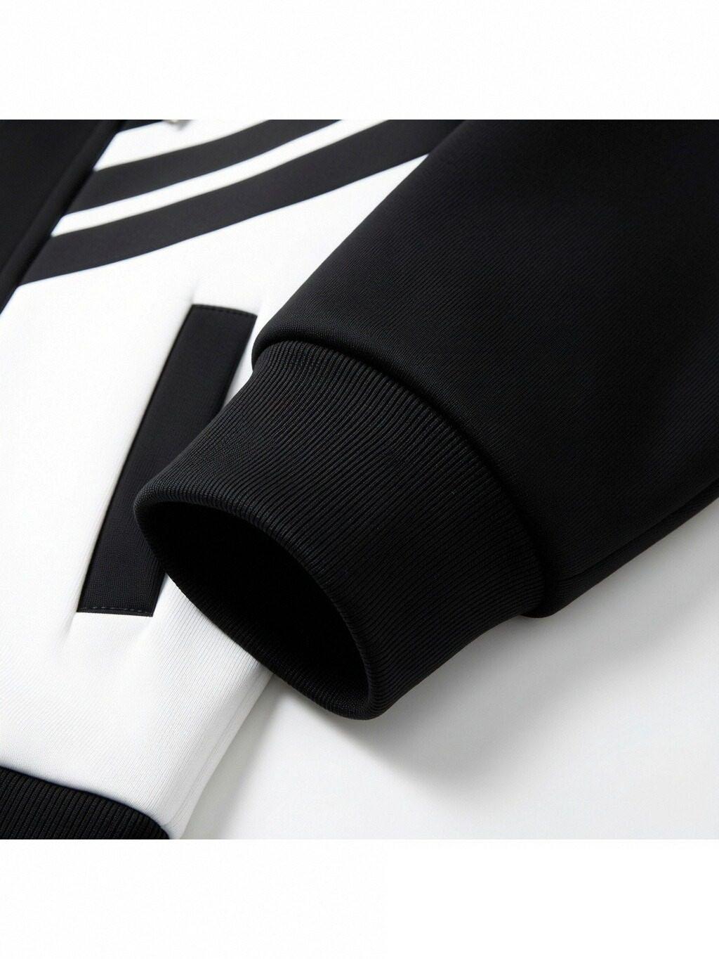 2026 New Men's Hooded Cardigan Two-Piece Set, Black and White Color-Block Striped Set, Zipper Hoodie Top + Jogger Pants, Trendy Patchwork Design, Perfect for Daily Wear, Casual Outings, and Commuting