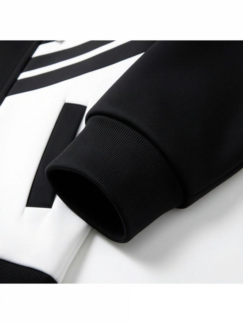2026 New Men's Hooded Cardigan Two-Piece Set, Black and White Color-Block Striped Set, Zipper Hoodie Top + Jogger Pants, Trendy Patchwork Design, Perfect for Daily Wear, Casual Outings, and Commuting