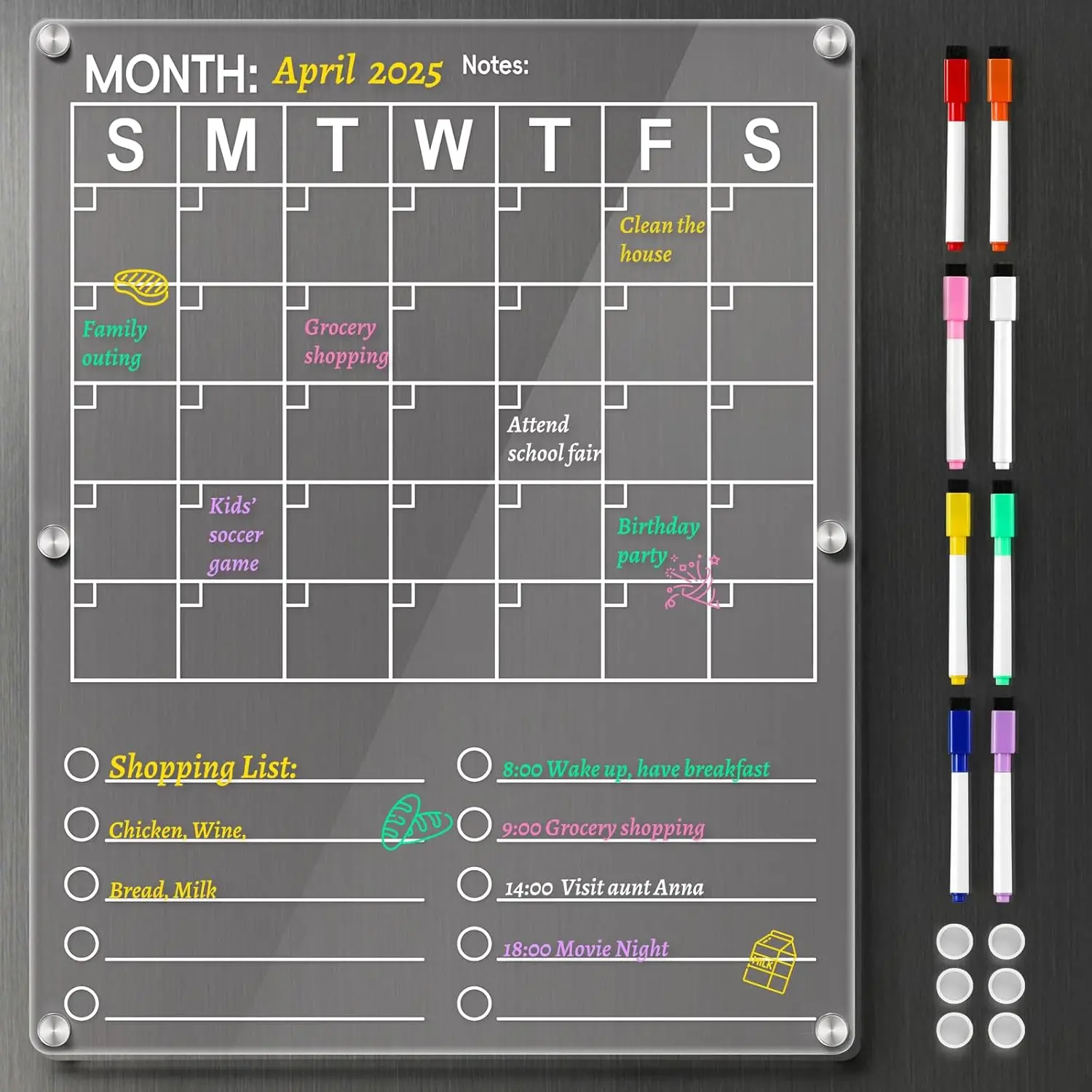 Large   Calendar for Refrigerator, 2in1 Clear Fridge Calendar, Monthly Planning Board with , for Businees Meetings/Grocery List, 8 Color Markers -14.5''*11.5''