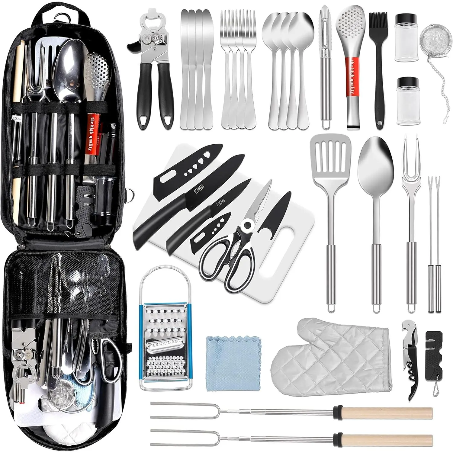 35- Camping Kitchen Utensil Set - Portable Outdoor Cooking Utensils for Camping, RV, Backpacking & BBQ | Complete Camp Kitchen Gear Set with Carry Bag, Grilling Tools & Cooking Accessories