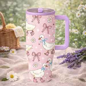 1 Pc Cute Duck Insulated Mug With Handle, 40oz Pink Aesthetic Thermal Mug, Double Wall Vacuum Cup, Leak Proof Lid, Keeps Hot 12 Hours Cold 24 Hours, Kawaii Drinkware Gift For Women Girls, Coffee Tea Daily Use Thermo Tumbler