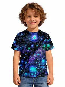 New boys' round neck short sleeve T-shirt, fun design for children's wear Galaxy Stars Nebula Space Pattern Print Short-sleeved round neck top, suitable for daily wear