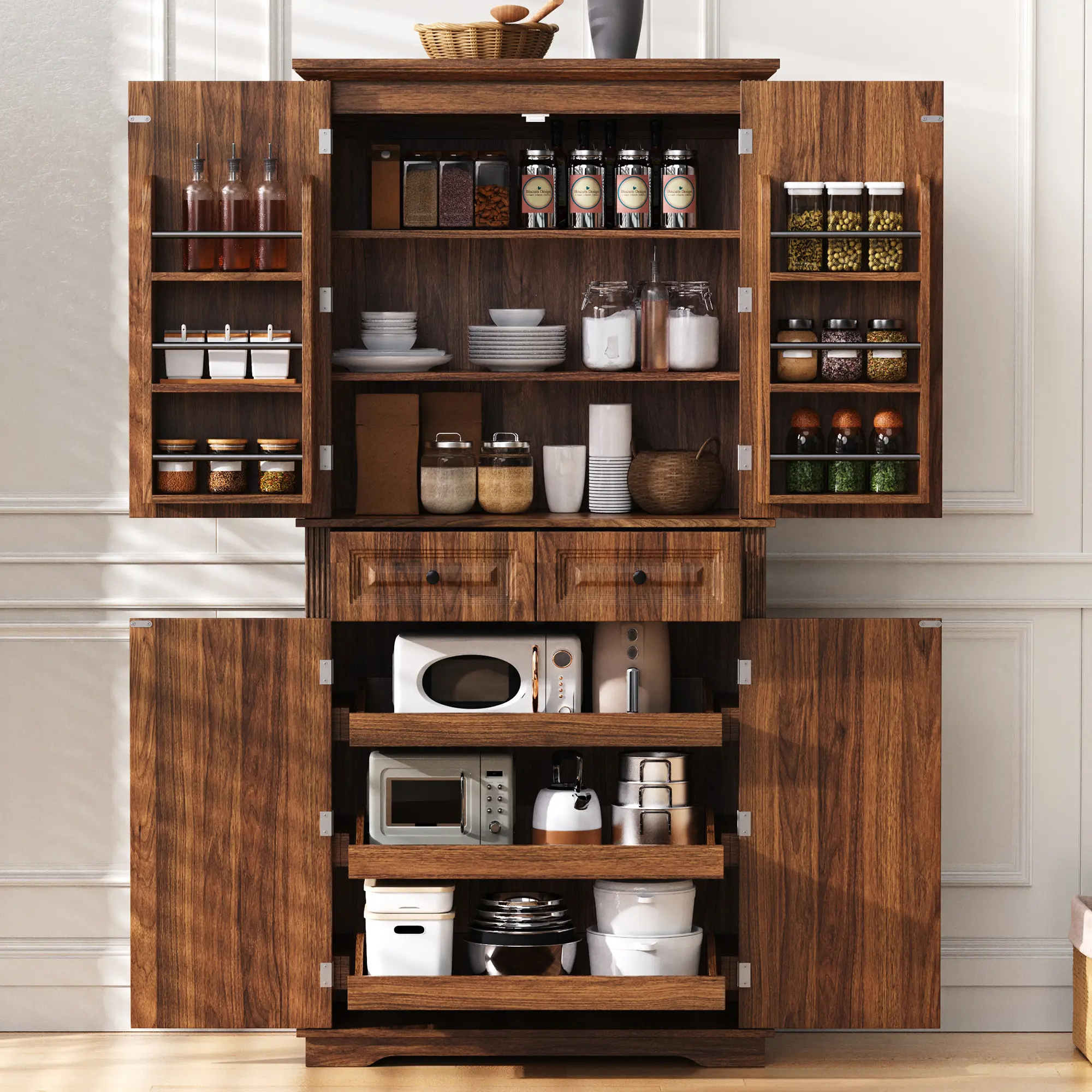 71" Tall Freestanding Single Unit Farmhouse MDF Wood Kitchen Pantry Cabinet - 3 Pull-Out Organizers, 6 Door Shelves, 2 Drawers, Easy Setup, Embossed Large Storage Cupboard for Kitchen, Dining Room, Farmhouse Home Decor