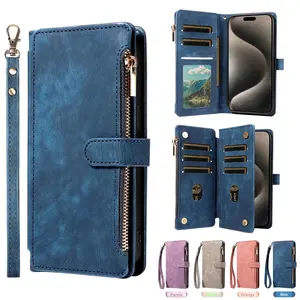 iPhone 16 Pro Max/15 Pro Max/14/13/12/11 Case, Vintage Retro Design Multi-Card Wallet with Lanyard, Anti-Theft Protection Cover