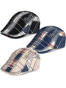 3 Pack Men Beret Hat Patchwork Newsboy Hats Adjustable Cabbie Hats for Men Flat Cap for Driving Hunting Fishing Outdoor Activities