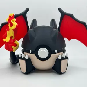 Shining Charizard V2 Themed Pokeball Decoration Decor Art Figure with Red Wings and Flame, Black Body