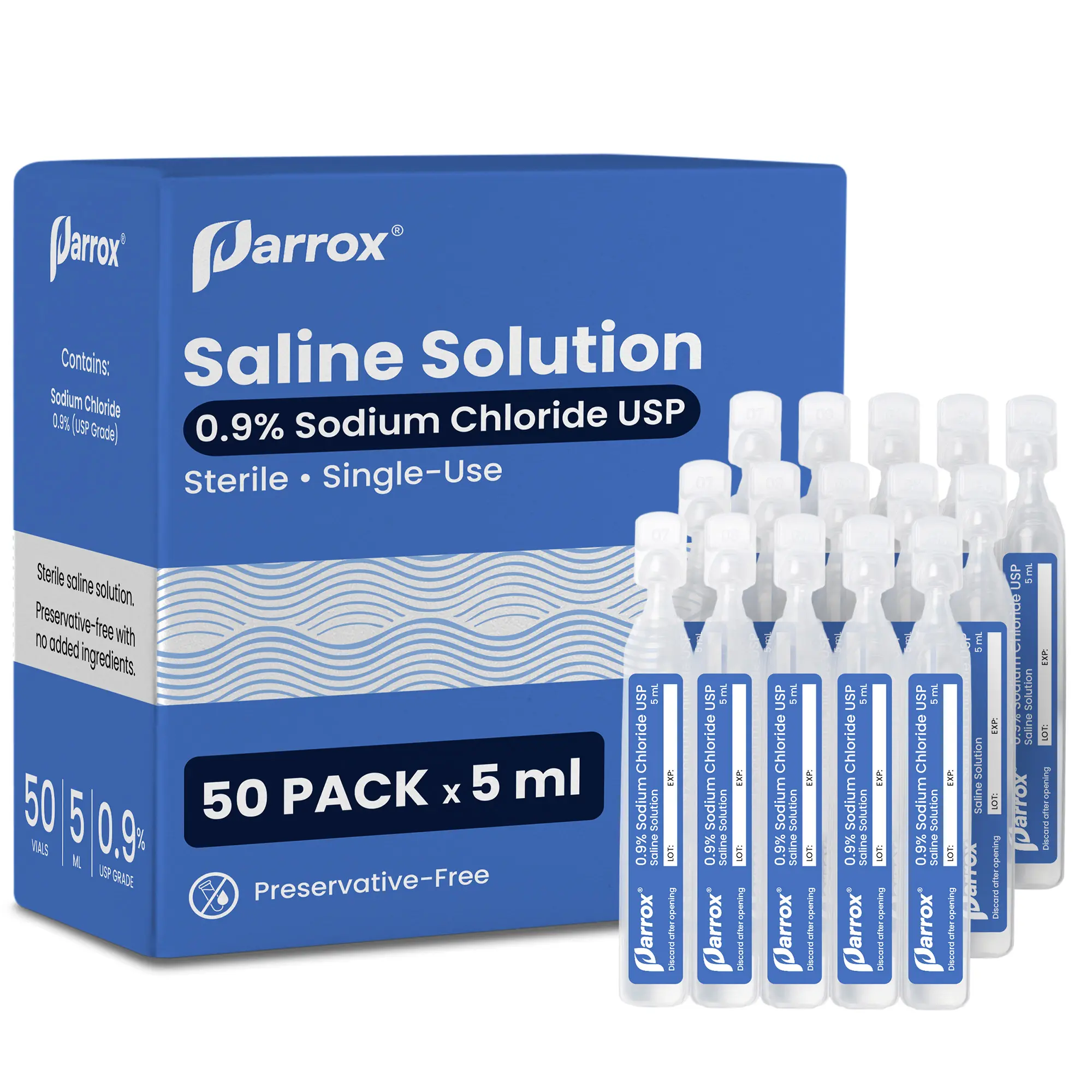 0.9% Saline Solution for Nebulizer (50x5mL vials) - Parrox Daily Nasal Care - Sodium Chloride USP, Single-Use, Preservative-Free