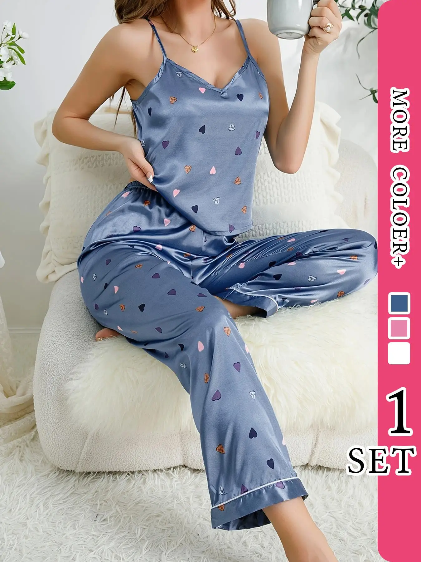 Women's Heart Print Satin Pajama Set, Lady Comfortable Soft Sleeveless V Neck Cami Top & Contrast Binding Pants Pj Homewear Set, Valentine's Day Gift,