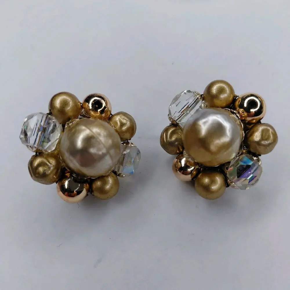 Vintage 1960s Faux Pearl Beaded Clustered Clip On Earrings Made In Japan