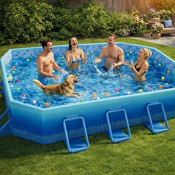 118-inch (approx. 299.7 cm) Foldable Swimming Pool for Adults & KidsNon-inflatable Design with Sturdy Metal FrameReinforced Thick PVC & PP Board SupportExtra Large, Stable & Foldable PoolPerfect for Family, Dogs, Backyard & Outdoor Us