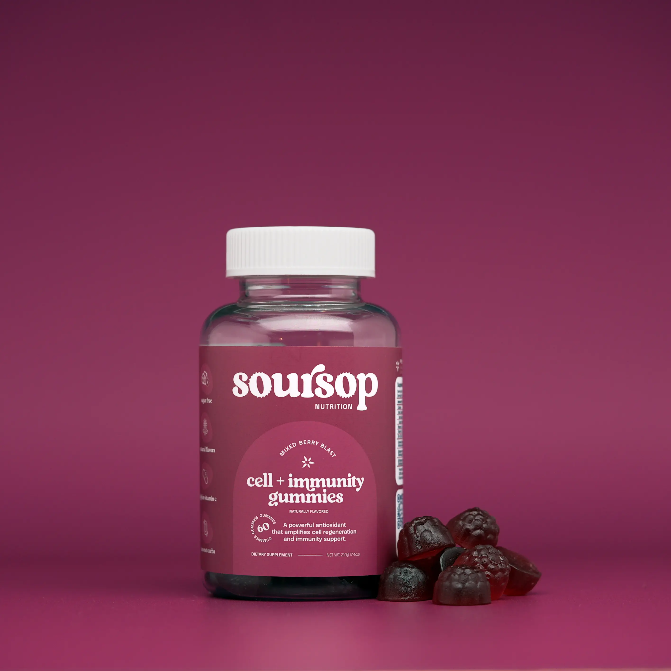 Soursop Nutrition Zero Net Carbs Immune-Boosting Antioxidant Gummy - Mixed Berry Blast - Allergen Free: Gluten Free, Dairy Free, Sugar Free, Soursop Fruit, Elderberry & Echinacea - 60 Gummies for Dietary Fitness